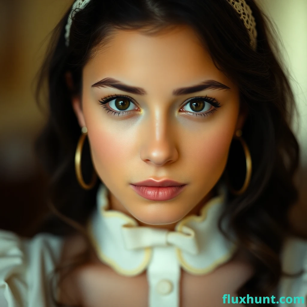 A close-up portrait of a 25-year-old woman in a vintage outfit, soft lighting, shallow depth of field, 35mm photography style