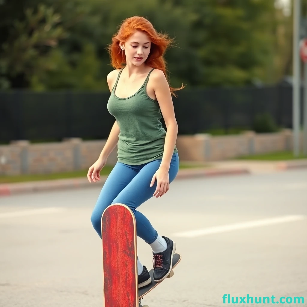 a (realistic photo) of a 23-year-old Caucasian woman with red hair riding a skateboard, (realistic body shape), green tank top, blue pants, socks, shoes, (taken in 2015),