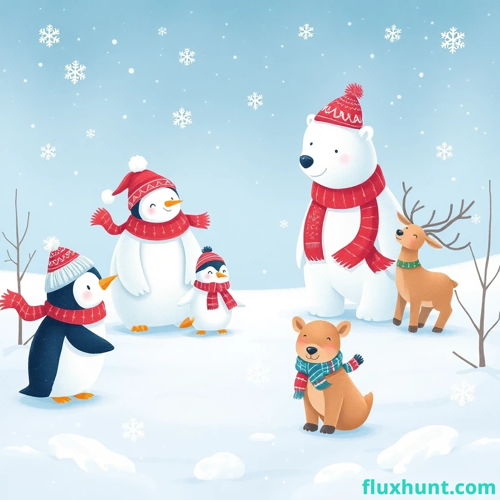 Winter Wonderland Animals: Illustrate a scene with cute animals like penguins, polar bears, and reindeer playing in the snow, wearing tiny scarves and hats.