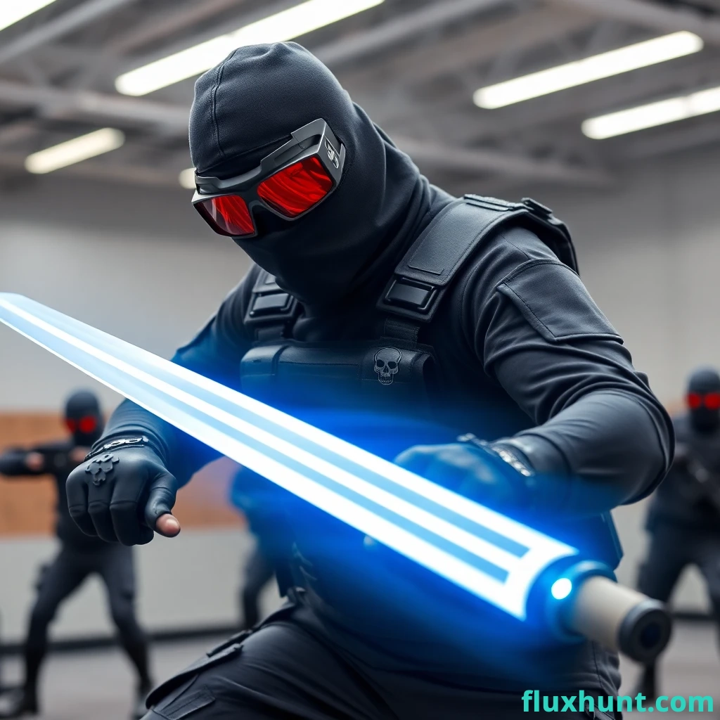 AI image of a tactical marine wearing black balaclava over his head and face, wearing large red rectangular shades over his eyes, fully black tactical armor, black long sleeves, grey pants, black boots, skull logo on a shoulder patch, black military gloves with pentagon patterns, in a training facility, holding a large katana made of blue glowing laser energy, fighting enemy soldiers. 