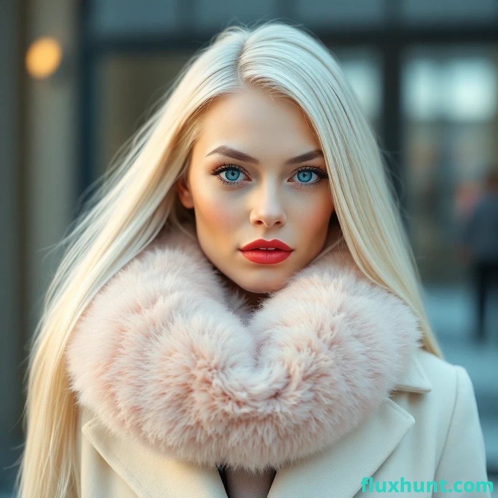 marvelous gorgeous scandinavianyoung model, very very pale skin, very very light blond hair, creamyg white, very very long hair straight, wearinga beautiful fur peachy pink scarf, a beautiful cream elegant coat, detailed sophisticated makeuo, vivid lipstick glossy, a lot of mascara