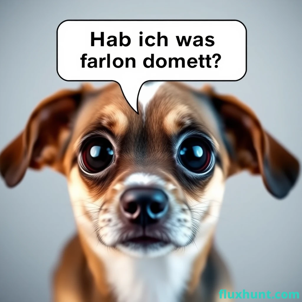 A cute dog with big eyes says, 'Hab ich was falsch gemacht?' in a speech bubble.