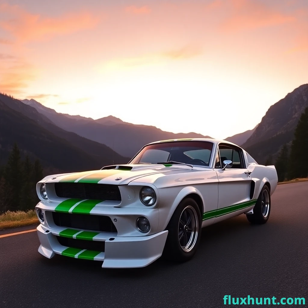 "A 1967 Mustang Shelby Cobra, Ice White, with two bright apple green stripes on the hood and roof. The car is immaculate, reflecting the light elegantly. It is photographed in an epic setting, at sunset, on a winding mountain road, surrounded by majestic natural landscapes (forests, mountains in the background. The sky is tinted with orange and pink shades, creating a perfect contrast with the col