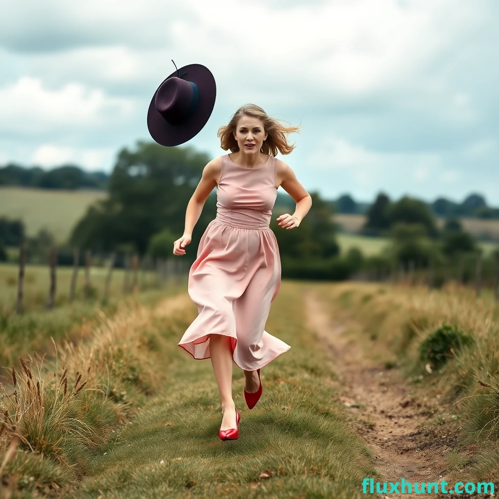 A female wedding guest is running terrified and anxious in the countryside wearing a pretty coloured dress and pump shoes. Her posh hat is dropping off her head in the air by the wind in the space behind her close to the ground.