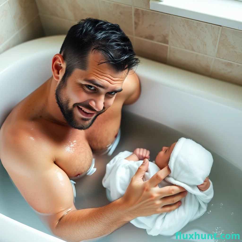 a sweaty dad and his newborn, together in the bathtub, 