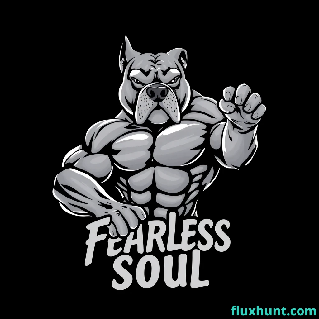 Create a very detailed illustration showing [muscular dog] in [one-handed holding style showing its muscles]. Add a tesk on top of the [Fearless Soul] dog. and below the dog that says [Fearless Soul]. Use bold shadows, intricate textures, and a bold color palette [grey]. Background [black]. Ensure high contrast and clean lines for a dynamic, eye-catching design that's suitable for printing