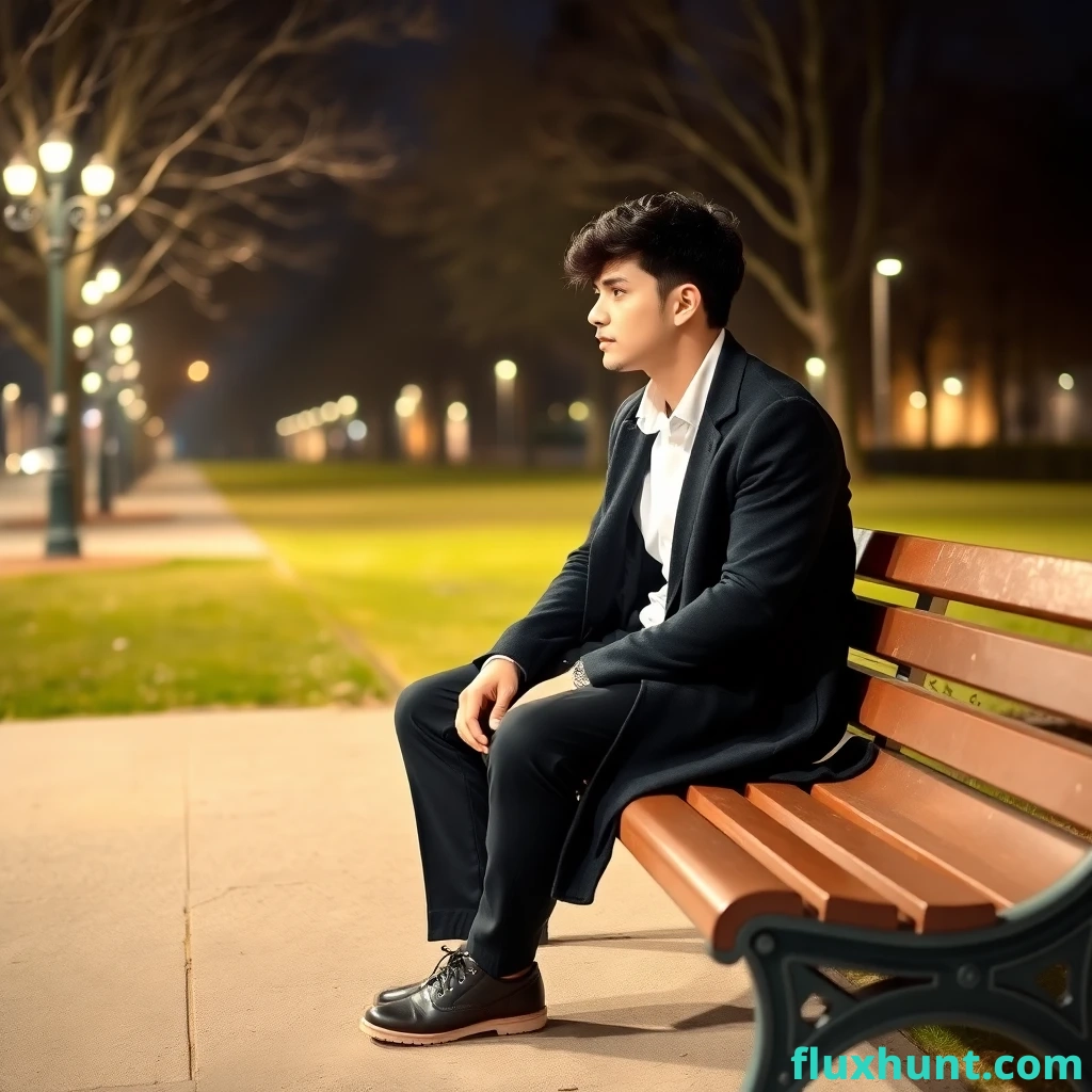 A guy with black tousled short hair in a white shirt, black long coat and black trousers is sitting on a park bench at night